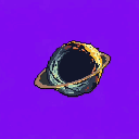 A stylized pixel art planet, possibly a black hole, features a striking central void and jagged ring system, dramatically lit against a vibrant purple backdrop. The cosmic scene is rendered in contrasting blues, greys, and warm hues, evoking a sense of otherworldly mystery.