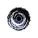 This pixel art image captures a swirling, stylized vortex with a monochromatic cool-toned palette. The design evokes mystery and power as light and shadow spiral towards a dark core, implying a cosmic and potentially destructive force.