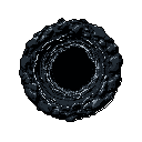 This pixel art portrays a swirling, ominous anomaly, like a stylized black hole, with a dark vortex pulling viewers into its depths. Rendered in a limited palette of blacks and grays, it evokes a sense of mystery and powerful cosmic forces.