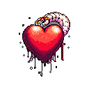 A glossy, pixelated red heart, rendered with depth and a dripping effect, is entwined by a speckled snake in this striking image. The composition balances romance and danger, creating an alluring yet unsettling visual. The black background emphasizes the vibrant colors and enigmatic mood.