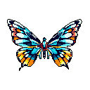 A vibrant, stylized pixel art butterfly with intricate blue, orange, and yellow wings commands attention against a stark black backdrop. Its symmetrical design and bold colors create a captivating and futuristic aesthetic.