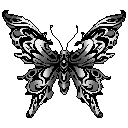 This pixel art features a striking, symmetrical butterfly rendered in monochrome, its wings adorned with elegant, swirling patterns. The minimalist design and stark black background create a sophisticated and timeless aesthetic.