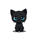 A small, pixel art cat with large, bright blue eyes sits against a black backdrop, its simple design conveying a cute yet slightly melancholic expression. The focus is entirely on the character, highlighting its expressive eyes.