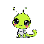 A cute, light-green alien caterpillar with wide, curious eyes sits against a warm pink background. This adorable creature exudes innocence and a playful charm with its simple smile and rosy cheeks.