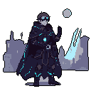 A mysterious figure in futuristic armor stands ready against a dark, silhouetted cityscape, their glowing goggles and energy accents hinting at powerful technology.