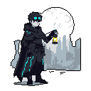 A lone figure in dark, flowing garments and glowing goggles holds a lantern, cautiously navigating a dark cityscape under a large moon. The pixel art evokes a sense of mystery and exploration, hinting at a journey through a futuristic or post-apocalyptic world.