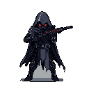 A mysterious, hooded figure with piercing red eyes stands ready, clutching a dark weapon in this striking pixel art piece. The ominous rogue exudes power and danger, amplified by the stark color palette and intense gaze.