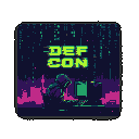 A hooded figure hunches over a glowing monitor in this pixel art image, evoking a sense of mystery and cyber activity. The scene, punctuated by vibrant greens and pinks against a dark digital backdrop featuring the text "DEF CON", hints at clandestine computing in a stylized, blocky world.