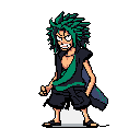 This pixel art depicts an anime-inspired character with a fierce expression, ready for action with clenched fists and bared teeth. Highlighted with neon green against dark tones, the character exudes raw energy against a stark black background.