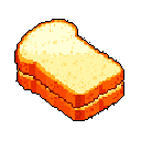 This pixel art image features a simple, isometric sandwich with warm yellow and orange tones, hinting at a delicious peanut butter or chocolate filling. The isolated subject evokes a sense of classic pixel art charm and comforting simplicity.