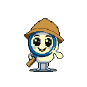 A charming pixel art character, resembling a magnifying glass with an explorer's hat, stands ready for adventure with a cheerful wave. This cute, cream-colored figure features wide, innocent eyes and a playful design that evokes a sense of discovery.