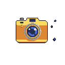 This pixel art showcases a retro-style camera in warm orange-yellow tones with a striking blue lens. The minimalist design and clean lines evoke a sense of vintage charm and technological simplicity.