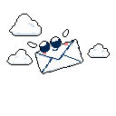 A cheerful, pixelated envelope with expressive eyes and rosy cheeks soars through a simple sky of blocky clouds. Motion lines trail behind, adding to the lighthearted feeling of flight against a stark black backdrop.