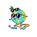 This pixel art features a cute, personified Earth sporting stylish sunglasses and a cheerful grin. With tiny arms and feet, this vibrant globe has a playful and energetic vibe.