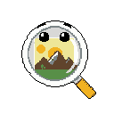 A cute, anthropomorphic magnifying glass character with wide eyes holds a tiny pixel art landscape within its lens, featuring mountains and a bright sun. This charming design gives the magnifying glass a friendly, accessible feel, like an icon for exploration or discovery.