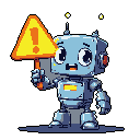A light blue pixel art robot with a concerned expression holds a bright yellow warning sign with an exclamation point. The charming design and vibrant accents create a playful yet slightly anxious vibe.