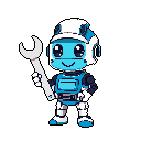 Meet this cheerful pixel art robot, a friendly mechanic ready for action! Sporting a hard hat and a confident pose, this blue and grey bot wields a large wrench, ready to tackle any repair job with a smile.