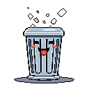 A cheerful pixel art trash can with a smiling face happily accepts falling refuse, creating a whimsical and cute character. The simple design and bright accents against a dark background make this trash can undeniably joyful.