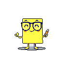 A cheerful, anthropomorphic yellow sticky note character with bright blue glasses and a friendly smile holds a writing utensil, ready to jot down important ideas. This cute pixel art figure embodies a blend of intelligence and approachability.