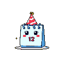 This pixel art image features a cute, personified calendar block wearing a festive party hat and displaying the number "12," radiating a cheerful and celebratory vibe. With blush marks and big eyes, this calendar brings a touch of nostalgia to a simple, charming design.