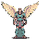 A pixelated, armored angel or paladin stands ready, wings spread, holding a weapon, embodying stoic power and a retro fantasy aesthetic.