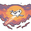 A silhouetted pixel art airplane flies into a vibrant sunset, leaving a poignant "Goodbye" message in its smoke trail. The warm, melancholic color palette and nostalgic style evoke a sense of departure and farewell.