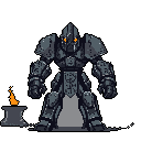 A heavily armored, dark metal figure with glowing orange eyes stands ready, exuding power and menace. Forged in fire, this imposing warrior dominates the scene with its formidable presence.