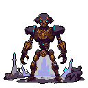 A towering, skeletal robot dominates the scene with glowing blue eyes and energy, suggesting a powerful presence. Standing amidst a jagged, desolate landscape, the automaton exudes an ominous, futuristic vibe.