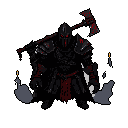 A menacing dark knight, clad in intricate dark metal armor and wielding massive battle axes, stands ready for combat. The warrior's closed helmet reveals only glowing red eyes, radiating an intense, malevolent energy. This pixel art evokes a feeling of immense power and ominous anticipation.