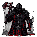 A heavily armored warrior, dripping with blood and wielding a massive axe, stands ready with glowing crimson eyes, radiating dark fantasy power and foreboding.