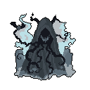 This pixel art features a menacing, hooded figure with a toothy grin, writhing tendrils, and twisted horns, radiating an aura of dark mystery. The ominous character dominates the frame, hinting at something supernatural and dangerous.