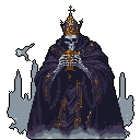 A pixel art image depicts a skeletal cleric in opulent, dark vestments, holding a golden crucifix. Adorned with a multi-tiered crown, this undead figure exudes a sense of foreboding power against a faint cityscape.