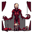 A horrifying pixel art figure, rendered in gruesome reds and browns, stands amidst a pile of bones, its distorted form and clawed hands radiating agony and monstrousness. The image evokes a chilling sense of decay and ritualistic horror.