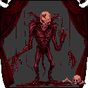 A horrifying pixel art creature, skeletal and blood-soaked, stands amidst scattered bones and a pool of dark red liquid. Its unnerving pose and grim skull evoke a sense of gothic horror and impending doom.