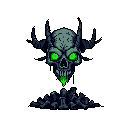 A menacing, horned skull drips toxic green liquid onto jagged rocks in this striking pixel art piece. The vibrant green highlights contrast with the dark, muted tones, creating an ominous and unsettling focal point.