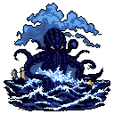 A colossal kraken bursts from a stormy sea, its menacing yellow eyes gleaming amidst thrashing tentacles. This pixel art captures the raw power of the monstrous creature, dwarfing tiny vessels in its wake and evoking a sense of impending doom.