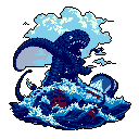 A colossal, navy blue kaiju rises from a turbulent ocean, dwarfing a submerged boat in a scene of raw power and destruction. The roaring beast, rendered in classic pixel art, exudes a dramatic and ominous presence.