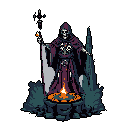 A skeletal necromancer in a dark robe stands before a brazier, staff in hand, emanating an aura of dark magic in a corrupted environment. The pixel art evokes a sense of classic fantasy and ominous power.