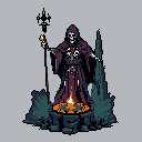 A robed skeletal lich commands attention, staff in hand, presiding over a fiery ritual. The ominous pixel art evokes themes of death and dark magic.