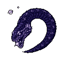 A cool-toned, pixelated serpentine creature with an intense gaze dominates the frame, its purple and white scales rendered against a stark black void. Ethereal white pixels swirl around its head, adding an otherworldly touch to this ominous and mysterious portrait.
