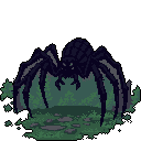 A menacing, pixelated spider dominates the frame with its large, bulbous body and splayed legs, creating an ominous presence. The dark, muted color palette and subtle hints of fangs contribute to a slightly eerie and unsettling atmosphere.