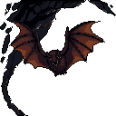 A pixel art bat takes flight from a dark cavern, its wings spread wide against a black background. The creature's open mouth reveals tiny fangs, adding a touch of mystery to the scene.