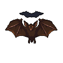 A menacing pixel art bat with glowing orange eyes snarls mid-flight, its dark wings spread wide against a black background. A smaller bat silhouette flies above, adding depth to the nocturnal scene.