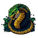 A pixelated, green and yellow cobra is coiled and ready to strike, its hood flared and mouth open wide, showcasing a retro, 8-bit aesthetic. The dangerous pose and vivid colors create a sense of intensity, amplified by glimpses of dark foliage hinting at a jungle environment.