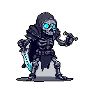A menacing pixel art skeleton, clad in a dark cloak and wielding a glowing blue dagger, stands ready. Piercing blue eyes add an eerie intensity to this figure of dark fantasy.