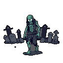 A pixel art zombie with piercing white eyes stands motionless in a graveyard, its decaying flesh rendered in muted greens and grays. The somber color palette and classic style evoke a sense of nostalgic horror and unease.