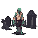 A gaunt, teal-skinned zombie with hollow eyes stands motionless, a chilling figure risen from the graveyard hinted at behind it. Its skeletal face and tattered clothes evoke a sense of decay and mournful horror.