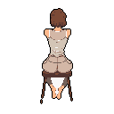 A pixel art figure with short brown hair sits on a stool, viewed from behind. Her simple outfit and posture suggest a moment of quiet contemplation or waiting.