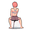 This pixel art piece depicts a pink-haired woman from behind, casually seated on a stool in minimal clothing. Her relaxed posture and simple design evoke a sense of intimacy and vulnerability.