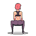 A pixel art image shows a woman with pink hair sitting on a stool, her back to the viewer, in a moment of quiet contemplation. She wears a dark grey top and purple leggings against a stark black background, emphasizing her simple, muted form.
